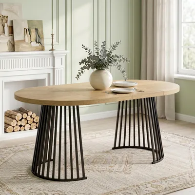 Produktbild von Ausziehbarer Esstisch Rund bis Oval, 100/138/176x100 cm für 4-8 Personen, Küchentisch mit Teleskopfunktion, Holz-Optik Eiche & Schwarz, Stabil