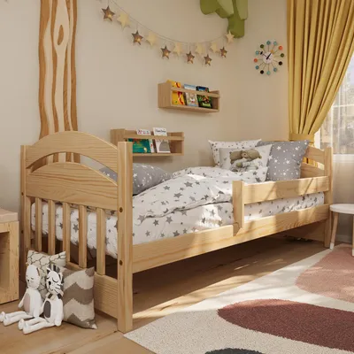 Produktbild von Kinderbett Leo mit Rausfallschutz und Lattenrost | 160x80 cm | Kiefer, 100% Massivholz, natürliche Maserung | für Kinder, universell, stabil, bequem