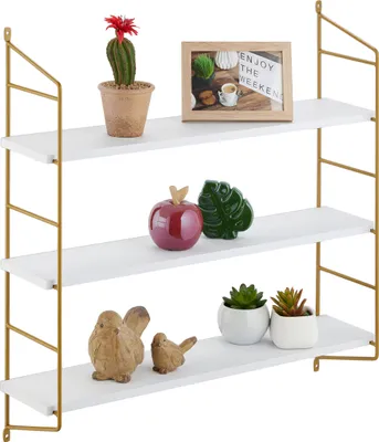 Image de Étagère murale Relaxdays, H x l x P : 60 x 60 x 15 cm, étagère suspendue à 3 tablettes, MDF et fer, étagère murale pour salon, blanc/doré