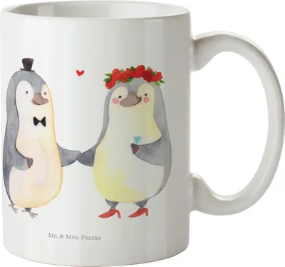 Produktbild von Mr. & Mrs. Panda Teetasse Hochzeit Pinguin - Weiß - Geschenk, Hochzeitskarte, Pott, Kaffeebecher, Hochzeitsgeschenk, Becher, Kaffeetasse, Hochzeitstag, Pinguine, Tasse