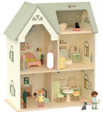 Produktbild von CLASSIC WORLD Großes Holzhaus – Gemütliche Puppenecke mit Möbeln (31-teilig)