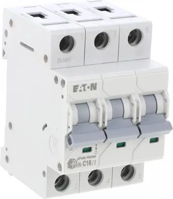 A white three-pole circuit breaker with gray levers.