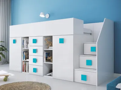 Produktbild von Kinderhochbett mit Stauraum und Schreibtisch Willy – blaue Griffe rechts