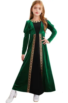 Produktbild von Mädchen Mittelalter Prinzessin Kostüm Grün Gr 152 Cm Samtoptik Langarm Kleid Renaissance Burgfräulein Karneval Halloween Fasching Party Show