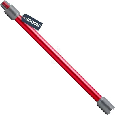A red vacuum cleaner extension tube with gray connectors on a white background.