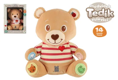 Immagine prodotto di Orsetto Tedík parlante in ceco, peluche, dimensioni 22x25 cm, alimentato a batteria, confezionato in scatola, adatto a bambini dai 12 mesi in su