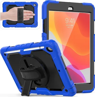 Produktbild von Mobigear SureGrip Xtreme iPad 8 (2020) Hülle Kunststoff,Silikon Backcover + Stifthalter + Schulterträger + Ständer - Blau