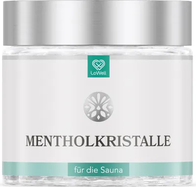 Produktbild von LoWell® 100g Mentholkristalle aus 100% reiner Minze - Ideal als Sauna Aufgussmittel für die Sauna in wiederverschließbarer Dose - Menthol