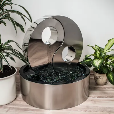 Produktbild von KÖHKO® Wassserwand Yin Yang mit LED-Beleuchtung Rund ca. Ø 48 cm Springbrunnen Wasserspiel aus Edelstahl mit Edelstahlring