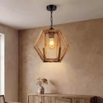 Produktbild von Hängeleuchte Metall Holz E27 B: 27 cm H: max. 100 cm Schwarz geflammtes Natur Retro Hängelampe