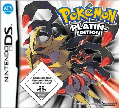 The cover art for the Nintendo DS game Pokemon Platin-Edition, featuring the legendary Pokemon Giratina.