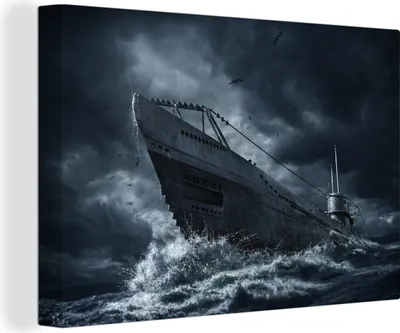 Produktbild von MuchoWow® - Leinwandbilder - U-Boot fährt in stürmische See, Wandbild, Wanddeko Bilder Wohnzimmer, 120x80cm