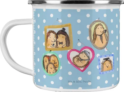 Produktbild von Mr. & Mrs. Panda Haferl Igel Familie - Blau Pastell - Geschenk, Glück, Teebecher, Bruder, wandertasse, Emaille Tasse, Teetasse, Muttertag, Bilder, Mama, Emailletasse
