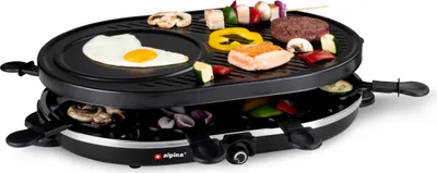 Produktbild von alpina Elektrogrill Tischgrill Elektrisch 1200W - Raclette 8 Personen mit 2 Lagen - mit 8 Pfannen und 8 Spachteln - Antihaftbeschichtung - 3-in-1 Pfannen, Backblech und Steingrill – Schwarz
