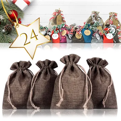 Produktbild von Jutesäckchen | Jutebeutel | Jute-Sack 24er Set für Adventskalender mit Geschenk-Verpackung, 13cm x 9,5cm, Jutebeutel, Stoffbeutel, Natur Säckchen, Geschenksäckchen, Sack, Beutel, Dunkel-Braun