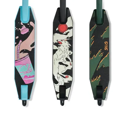 Three scooter decks with different designs are displayed against a white background.