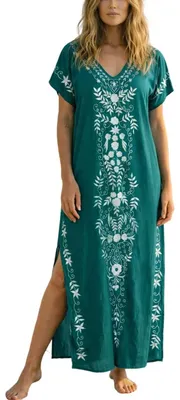 Produktbild von Solidchoice - Sommerlicher Baumwoll-Kaftan für Damen mit Blumenmuster, im Bohemian-Stil, als Strandkleid, in Grün