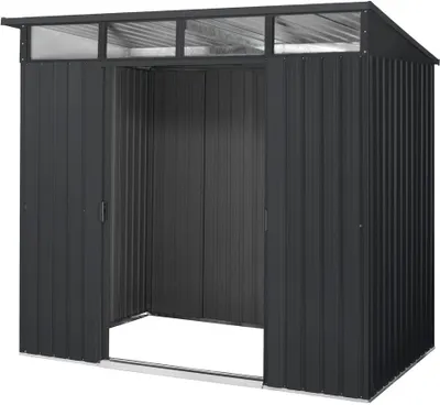 A dark gray metal garden shed with double doors and a transparent roof.
