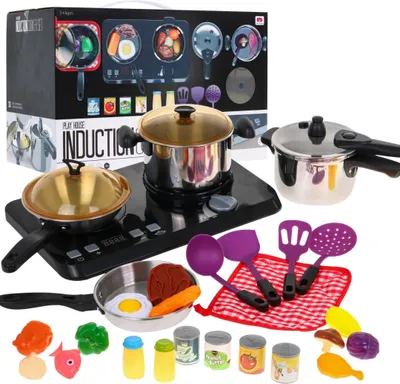 A collection of toy kitchenware, including a play induction stove, pots, pans, utensils, and toy food items, arranged on a white background.