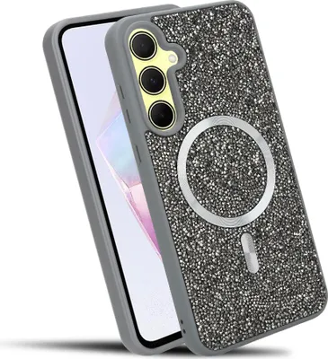 Produktbild von Cadorabo Hülle für Samsung Galaxy A35 5G Hülle Glitzer kompatibel mit MagSafe in GRAU magnetische Handyhülle Sparkle Diamond für Samsung Galaxy A35 5G stoßfeste Diamant Crystal Schutzhülle mit Magnetkraft
