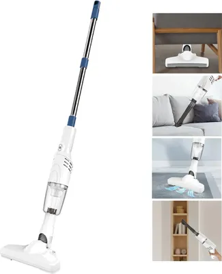 A collage of images showing a white cordless vacuum cleaner and its various uses.
