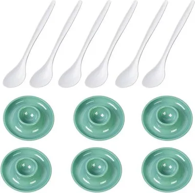 Produktbild von 6 Eierbesteckstücke, runde Form, Durchmesser 10 cm + 6 Eierlöffel, 14,5 cm, hochwertiges Kunststoff, Punktform, Mintgrün/Transparent