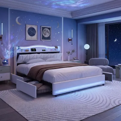 Produktbild von INONEFT Stauraumbett 140x200cm, Bett mit Stauraum, 4 Schubladen, Polsterbett mit LED und USB, Doppelbett Bettgestell mit Lattenrost, Jugendbett, Samt