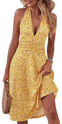 Productafbeelding van Damen zomerjurk, midi-model, strandstijl, rugloos, wijde snit, geel, maat L