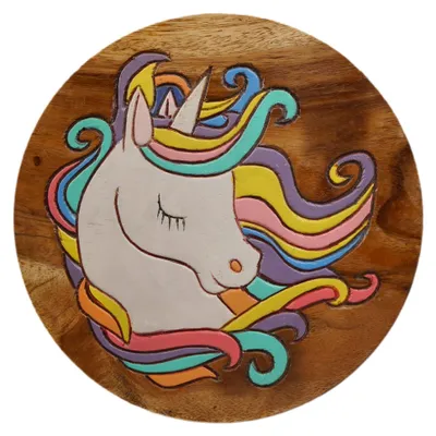Produktbild von Tokoindah Kinderhocker Einhorn-Kopf – Schemel aus Massivholz, in Handarbeit gefertigt & bemalt, runder Sitzhocker fürs Kinderzimmer