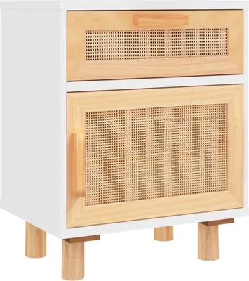 Immagine prodotto di Comodino Bianco in Legno Massello di Pino e Rattan Naturale