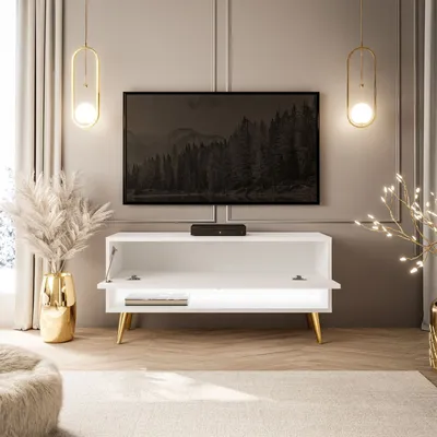 Produktbild von RTV Schrank CALANTE 90 cm auf Beinen mit LED-Beleuchtung Weiß / Weiß hochglanz schräge gold Chrom Beine