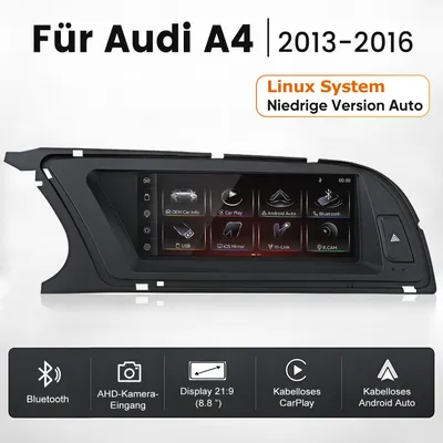 Zdjęcie produktu dla Radio samochodowe Linux o przekątnej 8,8 cala, przeznaczone do Audi A4 (2013-2016), kompatybilne z systemami Concert/Symphony. Obsługuje bezprzewodowe CarPlay i Android Auto, Bluetooth oraz posiada wejście AUX