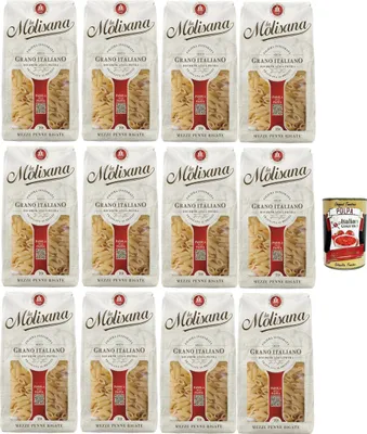 Produktbild von La Molisana Mezze Penne Rigate N°19, Pasta Lenta Lavorazione Teigwaren aus Hartweizengrieß Bronze-Zeichnung 12x 500g + Italian Gourmet polpa 400g