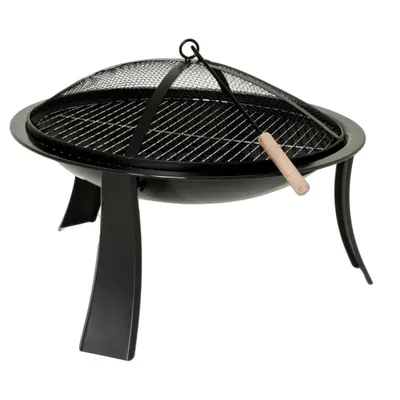 A black metal fire pit with a grill grate and a mesh lid, shown on a white background.