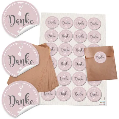 Produktbild von 24 kleine braune Papiertüten für give-aways Mitgebsel Geschenktüten für Gastgeschenke zur Hochzeit 10,5 x 15 cm + 24 kleine runde Aufkleber 4 cm in grau, rosa, rose, weiß DANKE