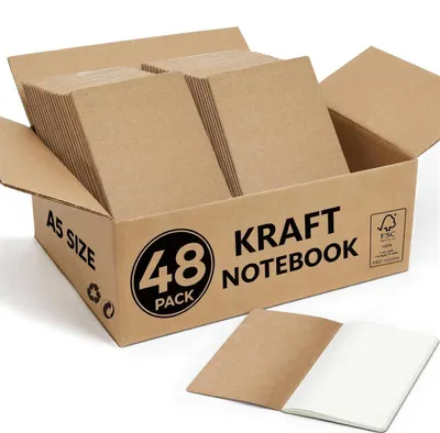Produktbild von Notizbuch A5 Blanko 48er Set Kraftpapier Fadenbindung 60 Seiten 80g/m² beige flachliegend