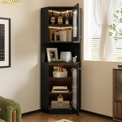 Zdjęcie produktu dla Szafka łazienkowa z oświetleniem, czarna szafka narożna do łazienki, wymiary 45x45x166,5 cm, wykonana z MDF z drzwiczkami szklanymi i otwartą półką