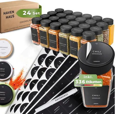 Produktbild von 𝗛𝗔𝗩𝗘𝗡𝗛𝗔𝗨𝗦 Gewürz Organizer Set I 24x Gewürzgläser eckig 120ml mit Streuaufsätzen & Deckel luftdicht I 24x Gewürzgläser Glas mit 336 Etiketten