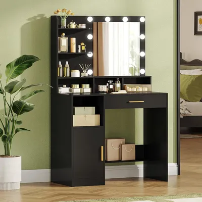 Immagine prodotto di Comò con specchio - Tavolino da trucco - Ideale per il trucco - Illuminazione LED regolabile - 80 x 140 cm - Nero