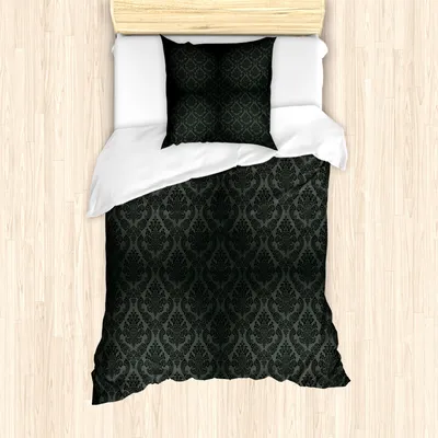 Produktbild von ABAKUHAUS Damast Bettbezug Set für Einzelbetten, Alte Damask Klassiker Motive, Milbensicher Allergiker geeignet mit Kissenbezug, Schwarz Grau