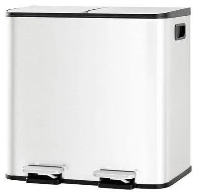 Imagen del producto de Cubos de basura de acero inoxidable, 2 compartimentos, 2 x 15 litros (30 litros), sistema de apertura suave, sin tapa