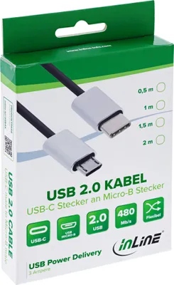 Produktbild von InLine USB 2.0 Kabel, USB-C ST an Micro-B ST, schwarz/Alu, flexibel, 1,5m, 1,5 m, Micro-USB B, USB C, USB 2.0, Stecker/Stecker, Schwarz