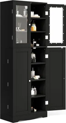 A tall, black cabinet with glass doors and shelves, displaying various toiletries and decorative items.