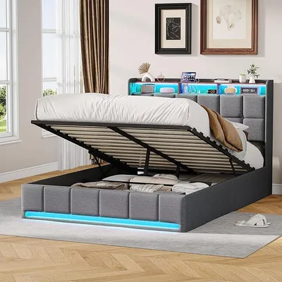 Image de Lit rembourré 140x200 avec éclairage LED et station de charge USB-C, lit coffre hydraulique avec tête de lit en lin, lit double pour adolescents, structure de lit avec sommier à lattes, sans matelas (gris)