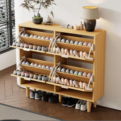 Image de OKWISH Meuble à Chaussures Avec 4 Tiroirs Basculants - Rangement Compact et Aéré pour Entrée ou Couloir - Rotin et Bois Chêne Clair 100x25x90 cm