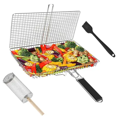 Zdjęcie produktu dla Omgoods - Zestaw 2 koszy do grillowania, ze stali nierdzewnej z drewnianymi uchwytami