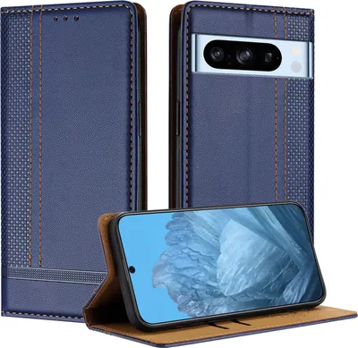 Obrázek produktu pro Pouzdro pro Google Pixel 8 Pro kožené flipové pouzdro s funkcí stojánku modré