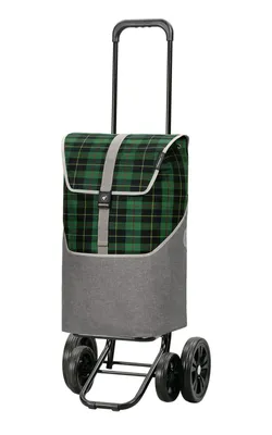 A shopping trolley with a green and black plaid fabric bag and gray lower section, shown against a white background.
