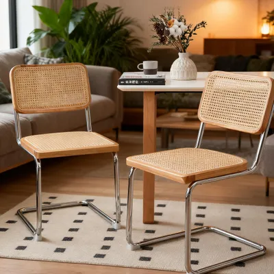Produktbild von LVHOM Freischwinger 2er Set Rattan Esszimmerstuhl Schreibtischstuhl, Stahlrohr Verchromt, Bauhaus Retro Stuhl Stapelbar, 46,5x86x53 cm, Natur