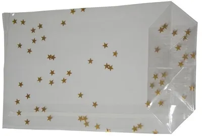 Produktbild von 500 OPP-Blockbodenbeutel mit Siegelnaht Weihnachtsbeutel mit Sternen Gold 95x160mm
